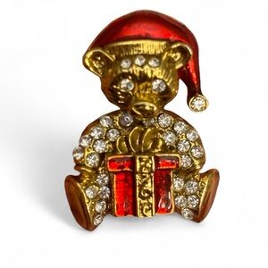 Vintage Gold-tone Teddy Bear Christmas Brooch with Rhinestones and Enamel